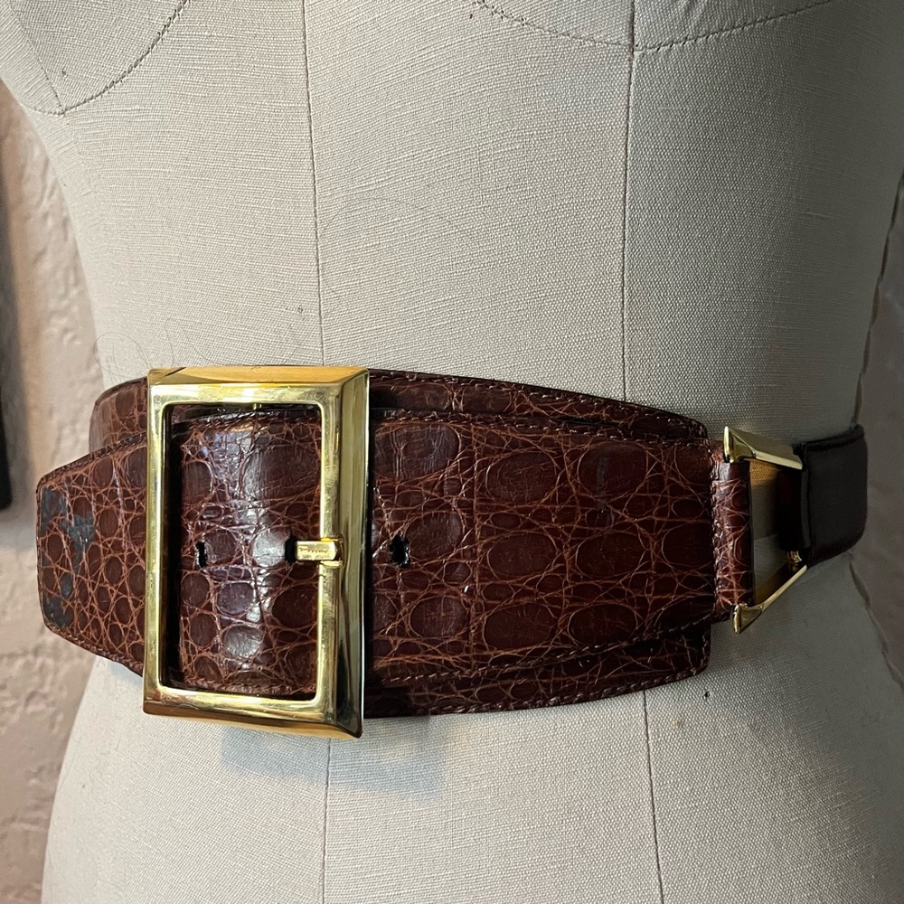 Salvatore Ferragamo Brown Croc-Embossed Leather Belt with Gold Buckle